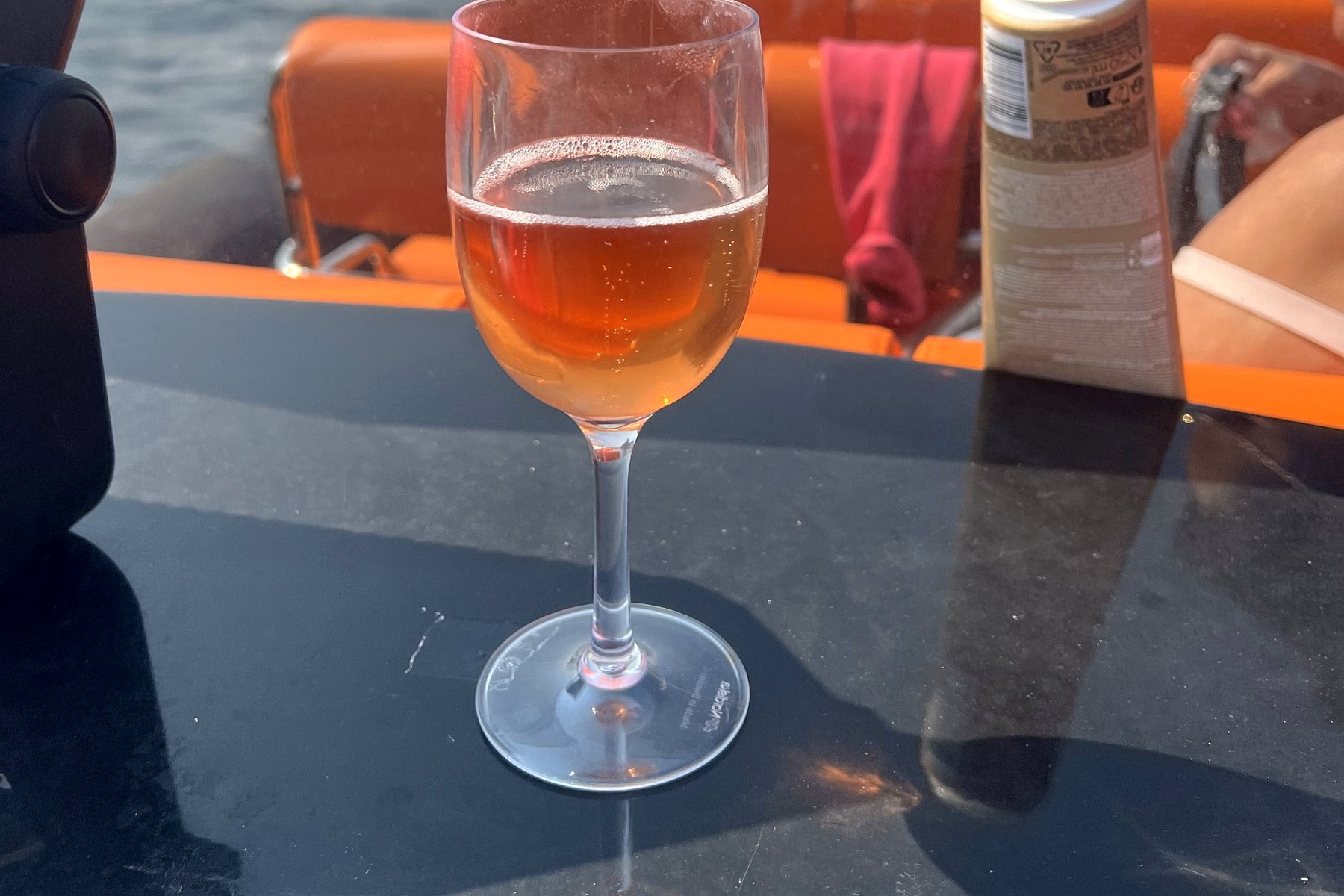 A glass of wine on the RIB with the fjord behind
